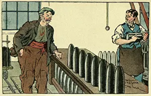 Colleagues: Cartoon, Men in munitions factory, WW1