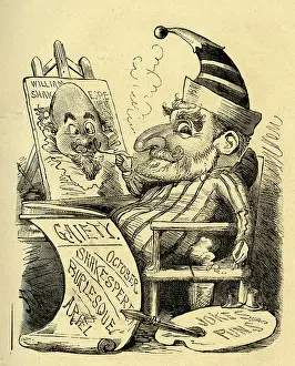 Easel: Cartoon, Mr Punch painting a portrait of Shakespeare