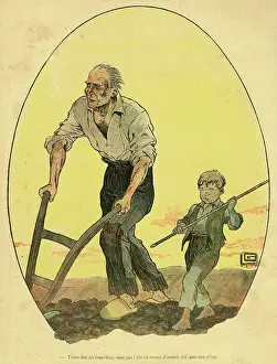 Labourer: Cartoon, Old and young working on the land, WW1