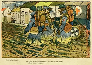 Ambulance: Cartoon, Soldiers approach new billet, WW1