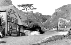 Castleton: Castleton, entrance to Speedwell Cavern & Winnats Pass c1955
