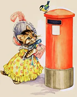 Letterbox: Cat in a bonnet posting a letter at a letter box
