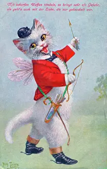 Pretended: Cat with bow and arrows on a German postcard