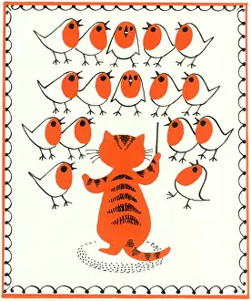 Choirs: Cat conducting a choir of robins