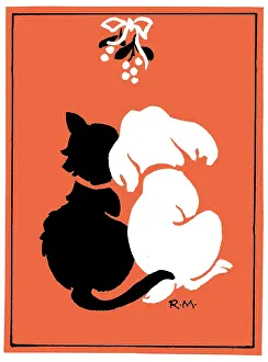 Retro Christmas: Cat and Dog under the Mistletoe