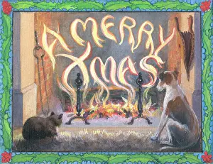 Forestier: Cat and dog sitting by fireplace