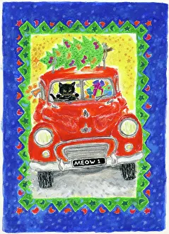 Kember: Cat driving red car with Christmas tree