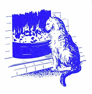 Cosy: Cat by a fire - 1950s printer's block