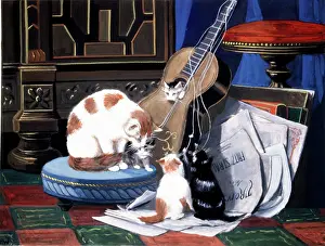 Ronner: Cat and kitten playing with a Guitar