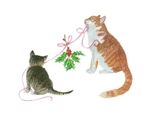 Sprig: Cat and kitten with ribbon and holly