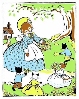 Four Colour: Cat and kittens gathering primroses