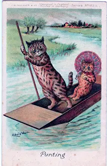 Agitated: Cat punting postcard by Louis Wain