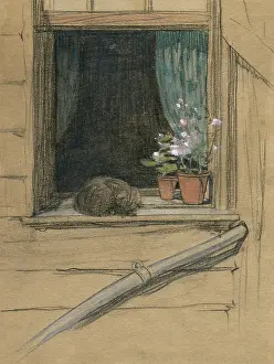 Flowerpot: Cat on a windowsill by Muriel Dawson