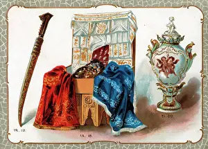Efendi: Catalogue illustration, embroidered cloths, sword, vase