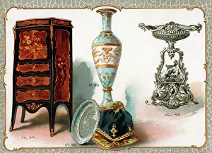 Christofle: Catalogue illustration, vase, writing desk, ornament, plate