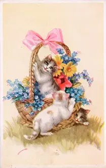 Forgetmenot: Cats with a basket of flowers on a postcard