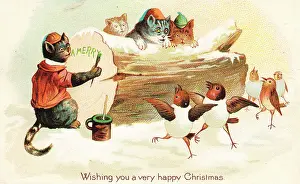 Victorian Christmas: Cats and birds on a Christmas card