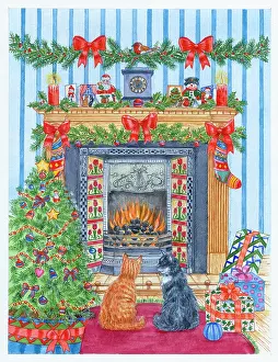 Bradbury: Two cats by a fireplace with stockings and presents