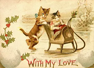 Skates: Two cats on ice on a greetings card