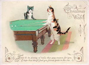 Cues: Two cats playing billiards on a Christmas card