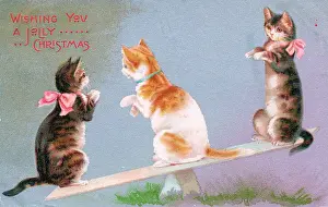 Seesaw: Three cats seesawing on a Christmas postcard