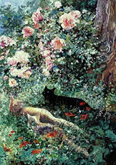 Agoust: Three cats underneath pink roses