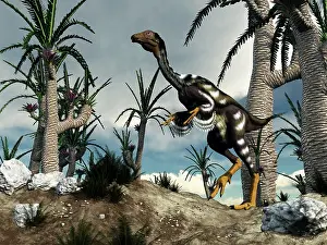 Alertness: A Caudipteryx dinosaur walking among trees