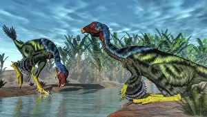 Oviraptorid: Two Caudipteryx dinosaurs drinking from a river