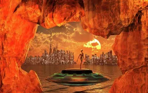 A cave like opening to a futuristic alien city complex