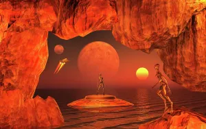 Spacecraft: A cave like opening to a star & planets