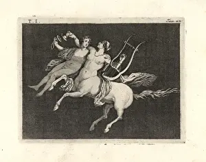 Cymbals: Centauress carrying a young man, playing the