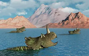 Apertus: Centrosaurus dinosaurs migrating across a river
