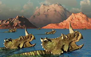 Migrating: Centrosaurus dinosaurs migrating across a river