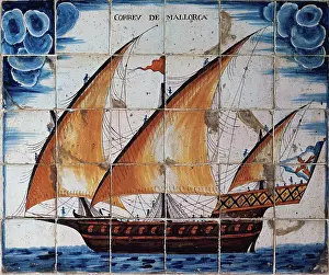 Mast: Ceramic panel depicting the Mail of Mallorca, xebec type shi