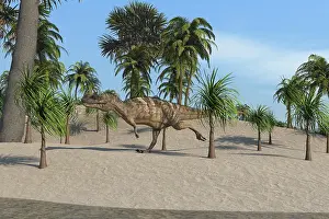 Ceratosaurus: Ceratosaurus running across a tropical landscape