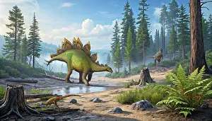 Stocktrek Images: A Ceratosaurus stalks a Stegosaurus by a stream