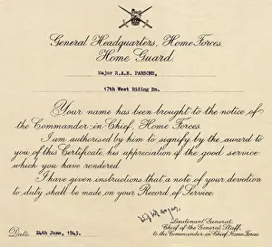 Appreciation: Certificate, General Headquarters, Home Forces