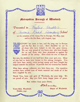 Borough: Certificate to schoolchildren from Mayor of Woolwich, WW2