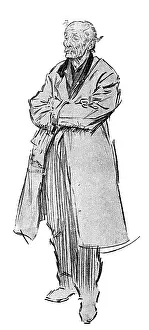 Downcast: Character study by Phil May of an old man in a raincoat