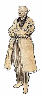 Downcast: Character study by Phil May of an old man in a raincoat