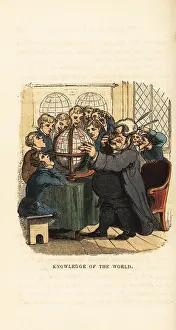 Rudolph Ackermann: A charlatan tutor with his pupils looking at a globe