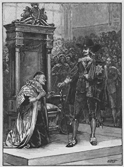 Kneels: Charles I demanding the surrender of the five