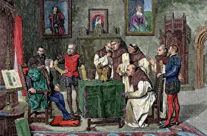 Habsburg: Charles I of Spain (1500-1558) at Yuste, Engraving. Colored