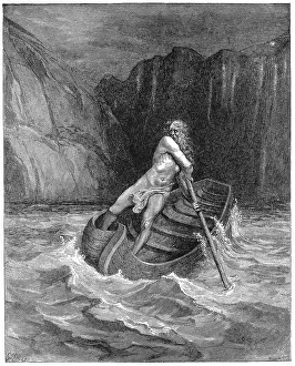 Dore: Charon the ferryman rowing to collect Dante and