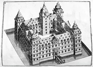 Moat: Chateau with a moated entrance. Illustration from