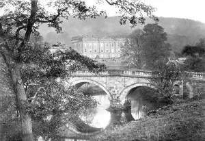 Chatsworth: Chatsworth House, and Bridge (through trees) c1867