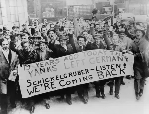 Yanks: Cheering American men ready to go to war. ?