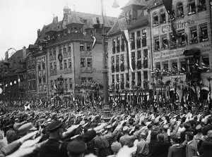 Organisations: Cheering crowd at the Nuremberg Ralley of Victory, 1933