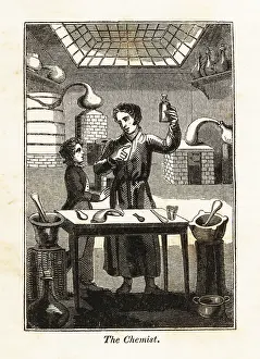 Pestle: Chemist holding up a flask at a table in a laboratory