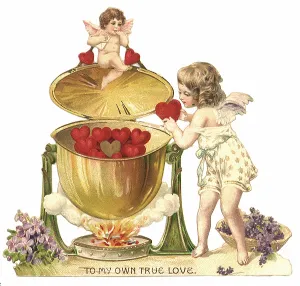 Cherub Baking Hearts in a Kettle